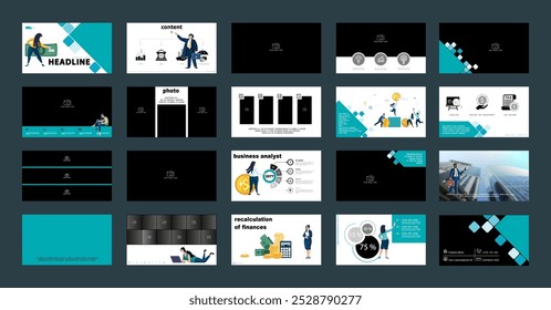 Business infographic presentation. PowerPoint. Blue rhombus design elements template, white background. Houses, people, photos. Teamwork in the city, businessman, annual report. Vector illustration