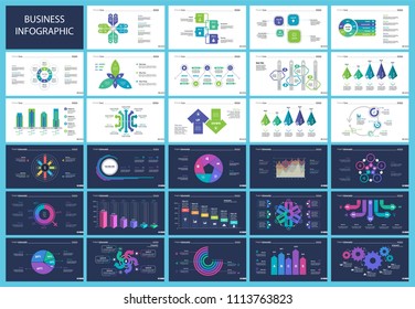 Business infographic presentation slide design set can be used for workflow layout, annual report, web design. Statistics concept. Flow chart, option graph, process chart, timeline diagram, area chart