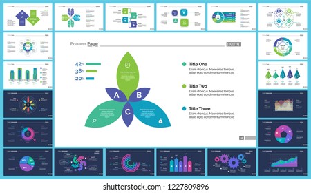 Business infographic presentation slide design set can be used for workflow layout, annual report, web design. Statistics concept. Flow chart, option graph, process chart, timeline diagram, area chart
