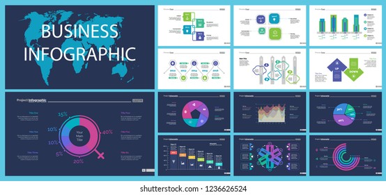 Business infographic presentation slide design set can be used for workflow layout, annual report, web design. Statistics concept. Flow chart, option graph, process chart, timeline diagram, area chart