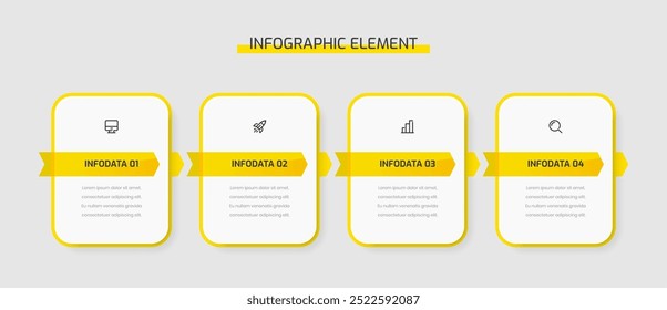 Plantilla de presentación de la infografía del negocio con el icono redondeado del color amarillo del rectángulo y 4 opciones