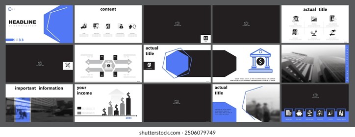 Business infographic presentation templates, blue and black elements on white background. Use in flyers and SEO, powerpoint, webinar pages, website design, banners, annual report. Vector, abstract