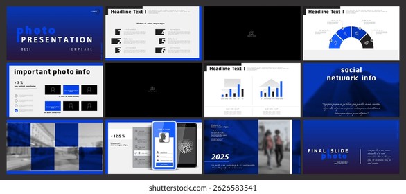 Business infographic presentation templates, colorful and black elements on white background. People businessman, technology development teamwork, photo, PowerPoint, annual report Vector illustration
