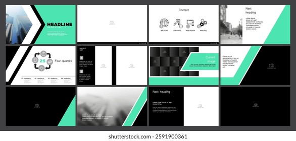 Business infographic presentation templates, green and black elements on white background. Use in flyers and SEO, webinar pages, website design, banners, annual report. Vector, abstract