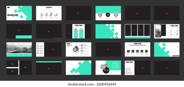 Business infographic presentation templates, green and black elements on white background. Use in flyers and SEO, PowerPoint, webinars, website design, banners, annual report. Vector illustrations