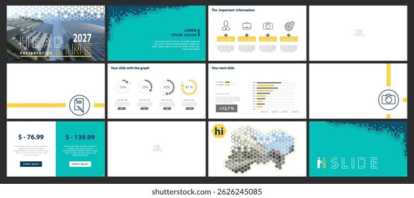 Business infographic presentation templates, green and black elements on white background. Use in flyer, PowerPoint, webinar pages, website design, banner, corporate annual report. Vector illustration