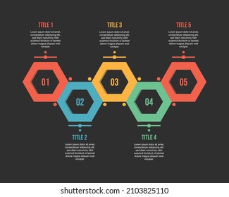 Business infographic proccess with hexagonal template design with number and 5 options or steps.