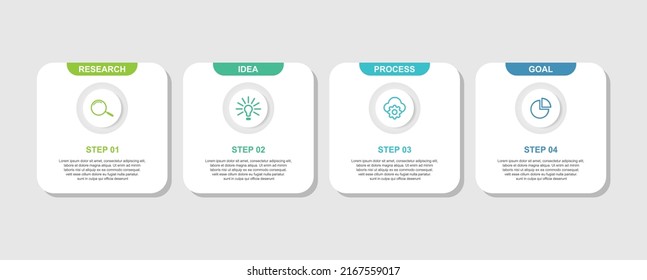 Proceso de infografía empresarial con diseño de plantilla cuadrada con icono y 4 opciones o pasos. Ilustración vectorial.