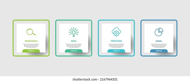 Proceso de infografía empresarial con diseño de plantillas con iconos y 4 opciones o pasos con líneas delgadas. Ilustración vectorial.
