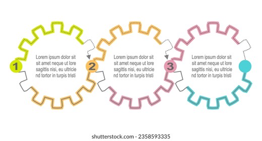 Business infographic process template design with gear icons and 3 options or steps.
