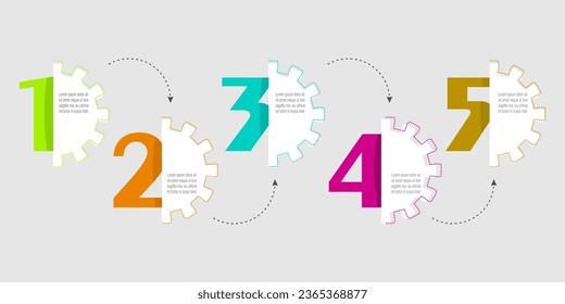 Business infographic process template design with gear icons and 5 options or steps.