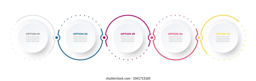 Business infographic process. Timeline label design with circles and 5 options or steps. Vector illustration.