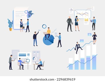 Business infographic process vector illustrations set. Office workers signing contract, making charts, presentations and diagrams, calculating data. Business, finance, infographic concept