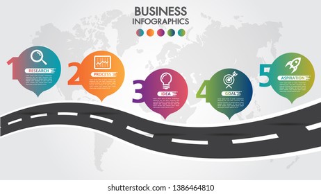 Business Infographic road design template with icons colorful pin pointer and 5 numbers options. Can be used for process presentations, workflow layout, diagram, banner.