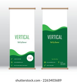 Business and infographic roll up banner with green wave design, suitable for advertising and marketing