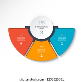 Business infographic semi circle template with 3 options. Can be used as a chart, workflow layout, diagram, data visualization, minimalistic web banner.