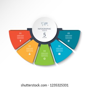 Business Infographic Semi Circle Template With 5 Options. Can Be Used As A Chart, Workflow Layout, Diagram, Data Visualization, Minimalistic Web Banner.