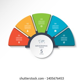 Business Infographic Semi Circle Template With 5 Options. Can Be Used As A Chart, Workflow Layout, Diagram, Data Visualization, Minimalistic Web Banner.