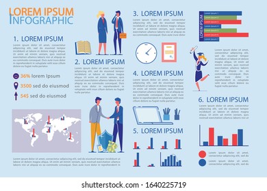 Business Infographic Set With People Characters Entering Into Transaction And Receiving Education Diploma. Diagrams And Charts For Presentation On Company Achievements. Flat Vector Illustration.