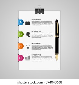Business infographic sheet of paper with pen and colored arrows