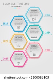 business infographic simple timeline template 6 years vertical multi colored hexagon Line and circle icons with gray letters. Gradient background design for marketing, product, project, plan, finance.