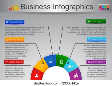 Business Infographic. Six Options, Multi Colour Half Circle With  Business Icon And Text Information Design. Vector Illustration.