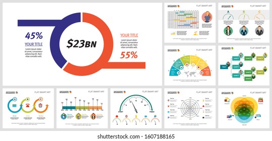 Business infographic slide design set. Can be used for workflow layout, annual report, presentation slide, web design. Business and accounting concept with doughnut, timeline and flow charts