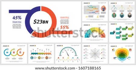 Business infographic slide design set. Can be used for workflow layout, annual report, presentation slide, web design. Business and accounting concept with doughnut, timeline and flow charts