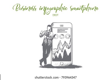 Business infographic smartphone concept. Hand drawn smartphone screen with schedule. Businessman makes a report on a smartphone isolated vector illustration.