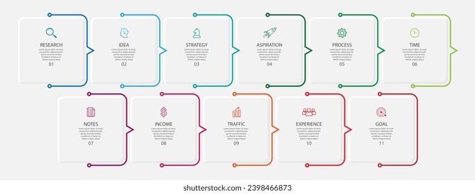 tamplate infográfico de negocios. diseño de línea delgada
con iconos, texto, número y 11 opciones o pasos.
utilizados para diagramas de procesos, diseños de flujo de trabajo, diagramas de flujo, gráficos de información, 
y sus presentaciones