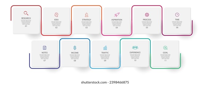 business infographic tamplate. thin line design
with icons, text, number and 11 options or steps.
used for process diagrams, workflow layouts, flowcharts, info graphics, 
and your presentations