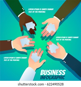 Business infographic - Teamwork hands holding pieces of jigsaw puzzle to solve problem together.