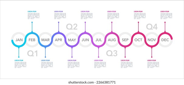 Business infographic template 12-month timeline to success. Business presentation 4 quarters. Presentation Roadmap Milestone. Vector illustration.