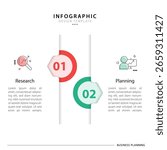 Business infographic template. 2 Step timeline journey. Process diagram, 2 options on white background, Infograph elements vector illustration.