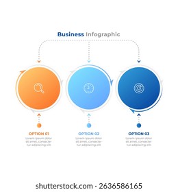 Business infographic template with 3 options and circular flow. Vector illustration. Ideal for showcasing project phases, solutions, or strategies with clear visual direction.