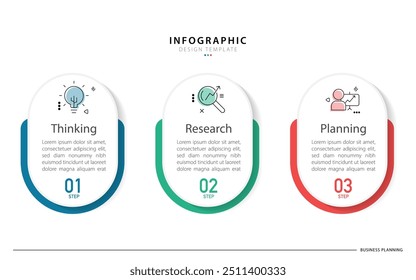 Modelo de infográfico comercial. 3 Passo da jornada do cronograma. Diagrama de processo, 3 opções sobre fundo branco, ilustração vetorial de elementos Infograph.