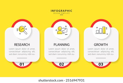 Modelo de infográfico comercial. 3 Passo da jornada do cronograma. Diagrama de processo, 3 opções em fundo amarelo, ilustração vetorial de elementos do Infograph.