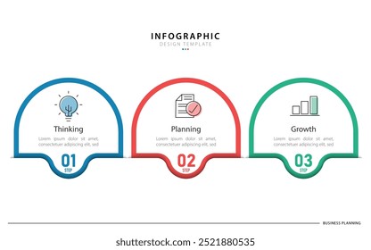 Modelo de infográfico comercial. 3 Passo da jornada do cronograma. Diagrama de processo, 3 opções sobre fundo branco, ilustração vetorial de elementos Infograph.	