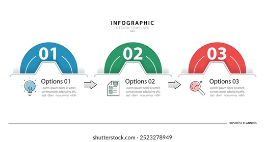 Plantilla de infografía de negocios. Viaje de la línea de tiempo de 3 pasos. Diagrama de proceso, 3 opciones sobre fondo blanco, Ilustración vectorial de Elementos de infografía.