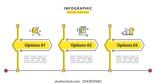 Modelo de infográfico comercial. 3 Passo da jornada do cronograma. Diagrama de processo, 3 opções sobre fundo branco, ilustração vetorial de elementos Infograph.