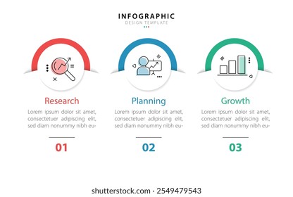 Modelo de infográfico comercial. 3 Passo da jornada do cronograma. Diagrama de processo, 3 opções sobre fundo branco, ilustração vetorial de elementos Infograph.	