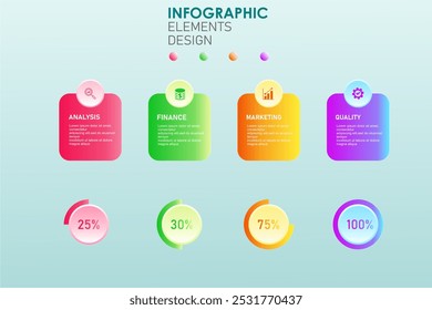 Modelo de infográfico de negócios com 4 listas, opções, etapas, processos. Modelo de apresentação comercial para fluxo de trabalho, estrutura de tópicos, gráfico, diagrama, informações etc. Modelo vetorial EPS 10.