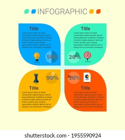 Business Infographic Template With 4 Option On Leaf Shape And Four Icons With Percentage Pie Chart In Four Colors Green, Blue, Orange And Yellow