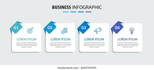 Business Infografik Vorlage mit 4 Optionen, Workflow, Prozessdiagramm. Kann für Workflow-Layout, Diagramm, Jahresbericht, Web-Design, Schritte oder Prozesse verwendet werden