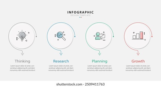 Vorlage für Geschäftsinformationen. 4 Schritt Zeitlinie Reise. Prozessdiagramm, 4 Optionen auf weißem Hintergrund, Infograph-Elemente, Vektorgrafik.