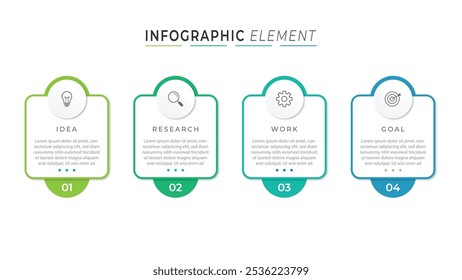 Modelo de infográfico comercial. 4 Passo da jornada do cronograma. Diagrama de processo, 4 opções sobre fundo branco, ilustração de vetor de elementos Infograph