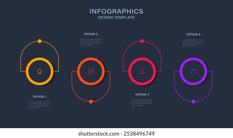 Business infographic template. 4 step journey along the timeline. Process diagram, 4 options on deep blue background, infographic elements