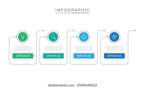 Modelo de infográfico comercial. 4 Passo da jornada do cronograma. Diagrama de processo, 4 opções sobre fundo branco, ilustração de vetor de elementos Infograph