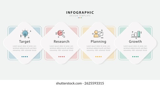 Modelo de infográfico comercial. 4 Passo da jornada do cronograma. Diagrama de processo, 4 opções sobre fundo branco, ilustração vetorial de elementos Infograph.