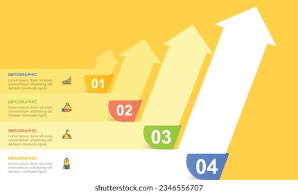 Plantilla de infografía de negocios con 4 pasos. Concepto de flujo de trabajo con flechas arriba, informe anual, presentación.